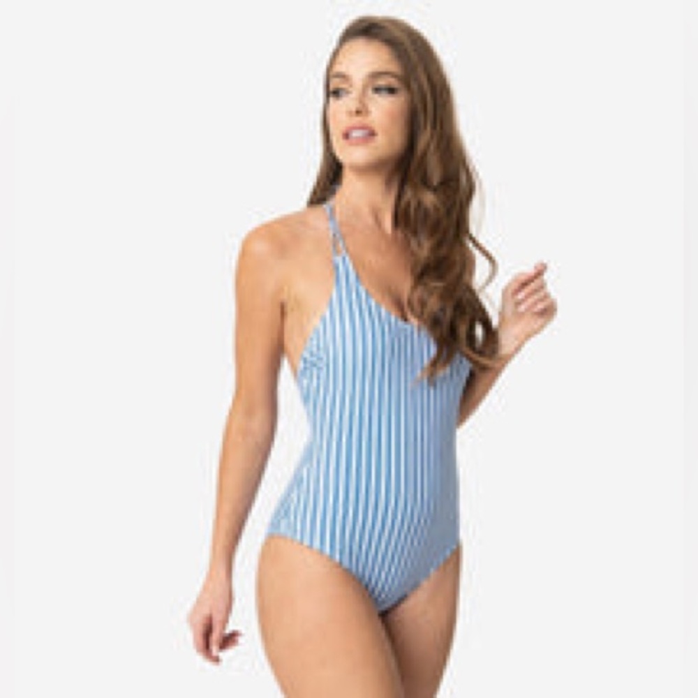 Blue & White Pin Stripe Braided Spaghetti Straps One Piece Swimsuit